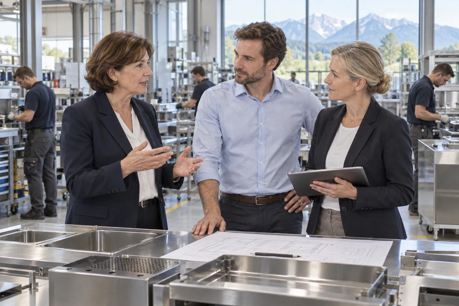Bayerischer Betriebsinhaber und Nachfolgerin bei einer Werkstattbesichtigung